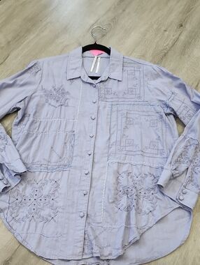 Anthropologie Lavender Embroidered Button-Up Blouse